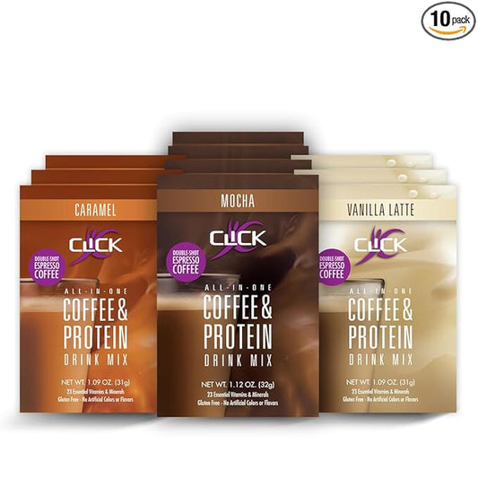 Click Coffee Protein Powder Packets, High (150mg Caffeine), 23 Essential
