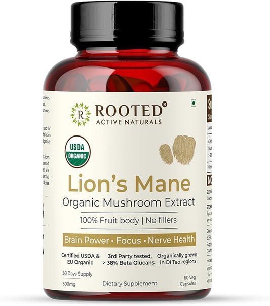ROOTED Lions Mane Mushroom Extract Capsules (60 Veg 500 mg) 38% Beta