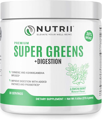 Organic Green Immunity Superfood Powder - Soothes Digestion, Boosts Healthy Vitality and Energy. Fast Acting Formula with Probiotics, Enzymes, Turmeric and Ashwagandha (30 Servings Lemon-Mint)