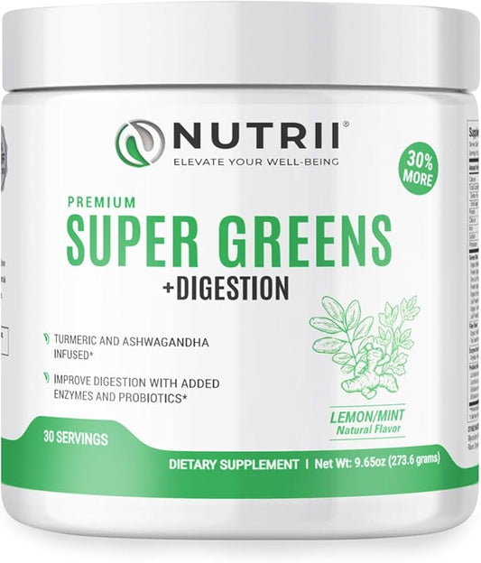 Organic Green Immunity Superfood Powder - Soothes Digestion, Boosts Healthy Vitality and Energy. Fast Acting Formula with Probiotics, Enzymes, Turmeric and Ashwagandha (30 Servings Lemon-Mint)