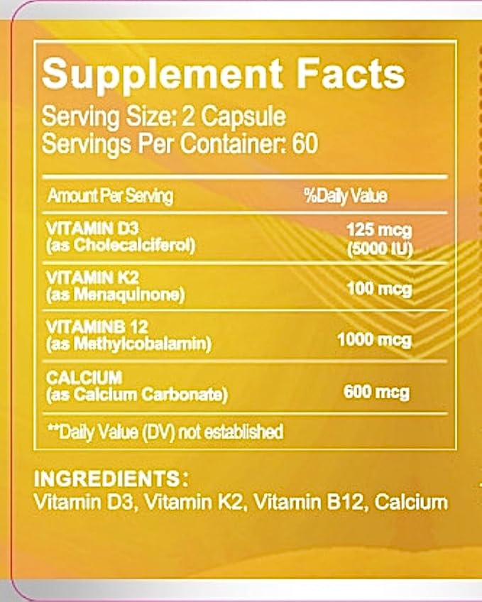 Extra Strength 4-in-1 Calcium + Vitamin D3 + K2 + B12 Supplement 120 Softgels, 60 Day