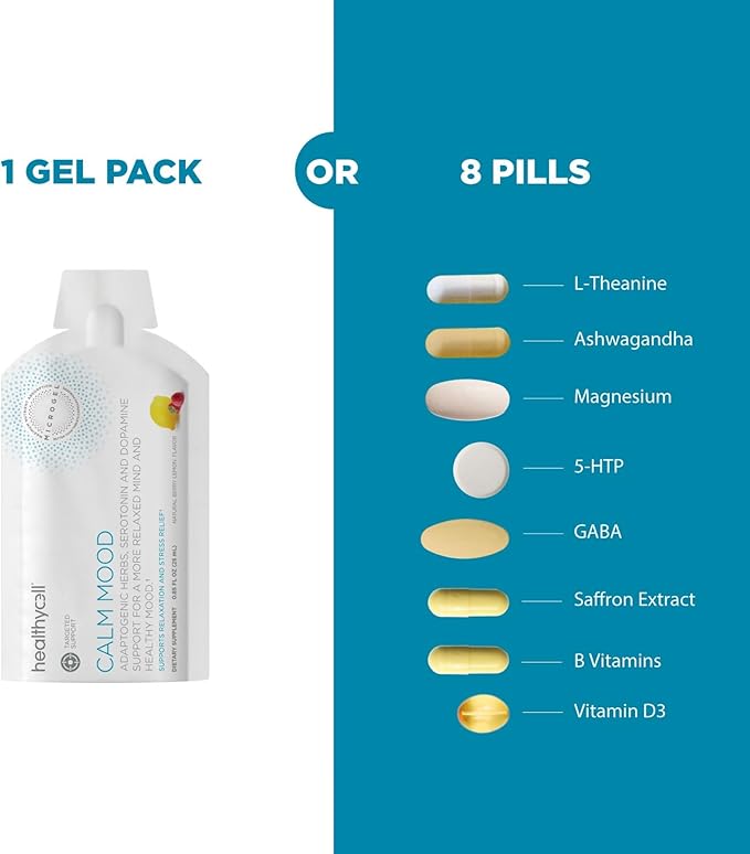 Healthycell Calm Mood - Ashwagandha Supplement for Stress Relief with L-theanine, Magnesium, GABA, Saffron - Cortisol Manager - Maximum Absorption Gel Vitamin for Mood & Relaxation, 30 Gel Packs