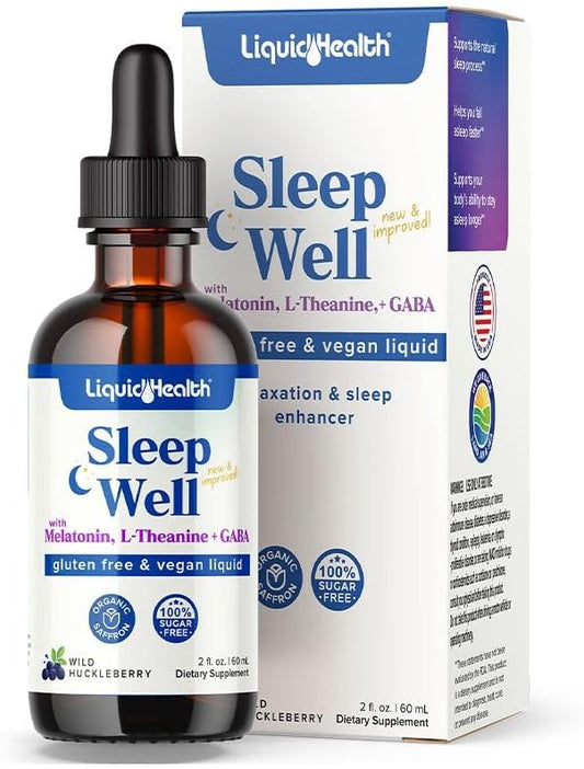LIQUIDHEALTH Sleep Well Natural Sleep Aid Melatonin Drops - Better Sleep & Mood, Relax & Calm Mind, Fall Asleep Faster Stay Asleep Longer - Vegan, Sugar Free, Drug Free, Non-GMO, Great Taste (2 oz)