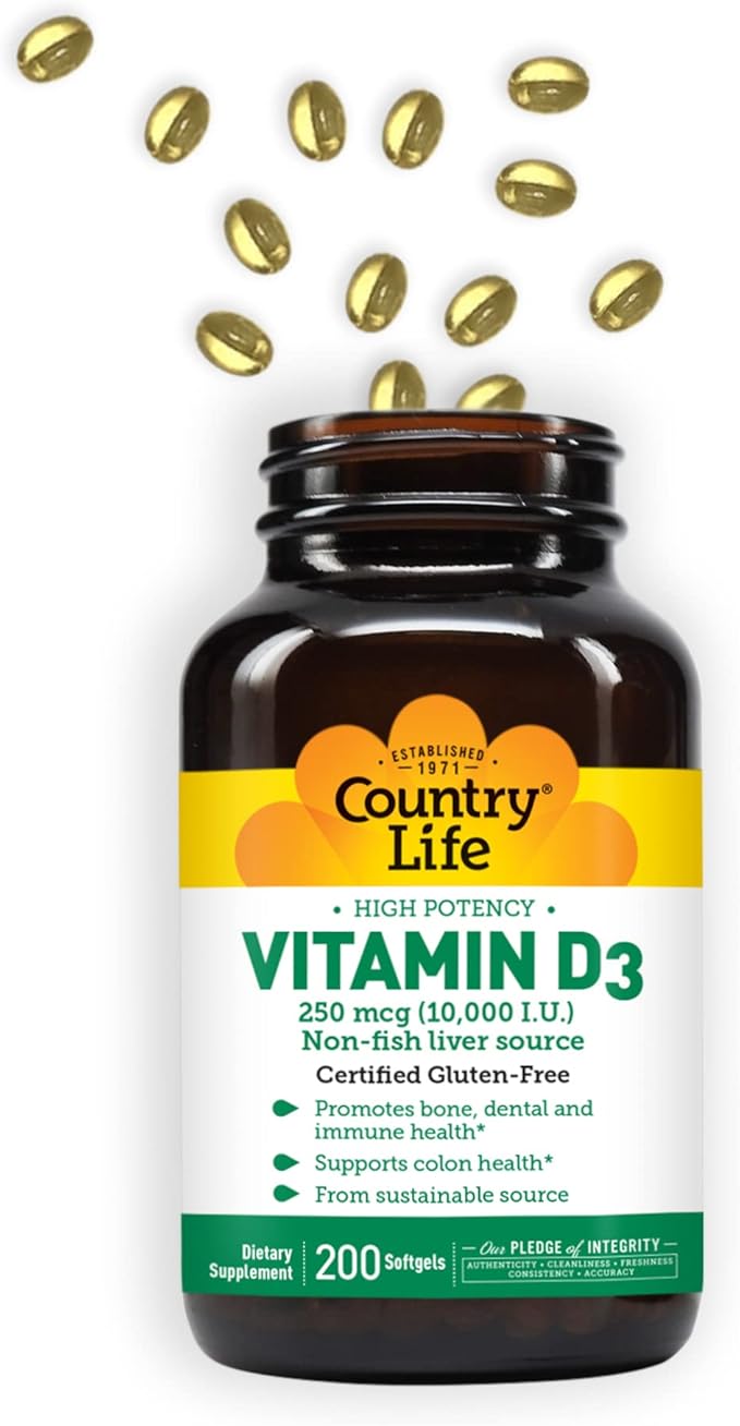 Country Life Vitamin D3, High Potency, Non-Fish, 10,000 IU, 200 Softgels, Certified Gluten Free