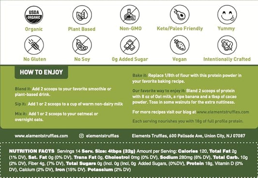 Elements Plant Based Vegan Protein Powder 1lb Pack 14 Servings