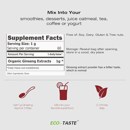 ECO-TASTE Ginseng Root Extract Powder-Korean Panax 10% Ginsenosides, 60g (60 (60 Servings)