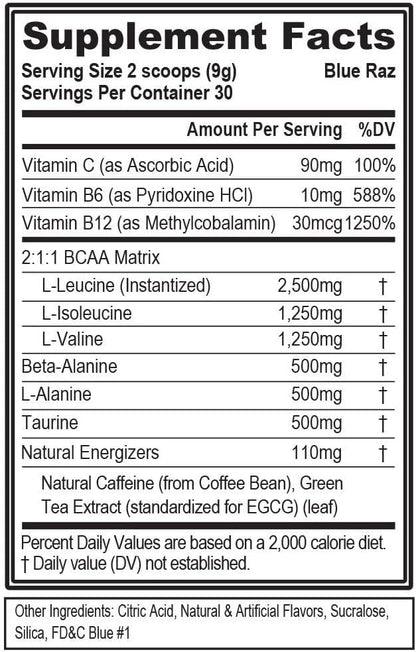 EVL BCAAs Amino Acids Powder - BCAA Energy Pre Workout Powder for Muscle Recovery Lean Growth and Endurance - Rehydrating BCAA Powder Post Workout Recovery Drink with Natural Caffeine - Blue Raz