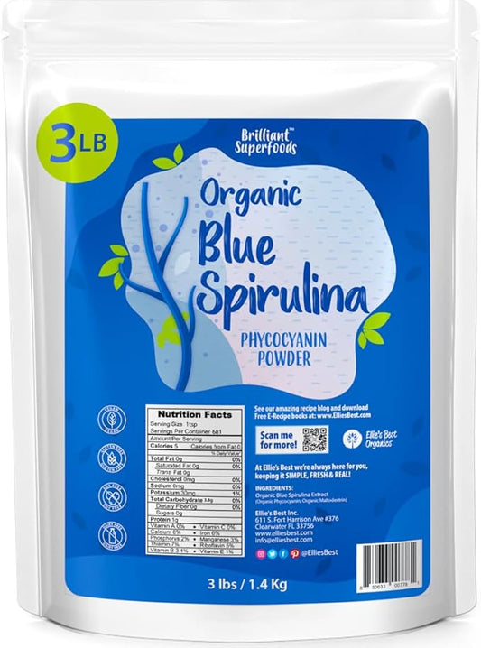 Ellie's Best Organic Blue Spirulina Powder Superfood Supplement - Odorless - 3LB Bulk - Vegan, Non GMO, Gluten-Free, Dairy-Free, Brilliant Blue Food Coloring - Pure Water Extracted