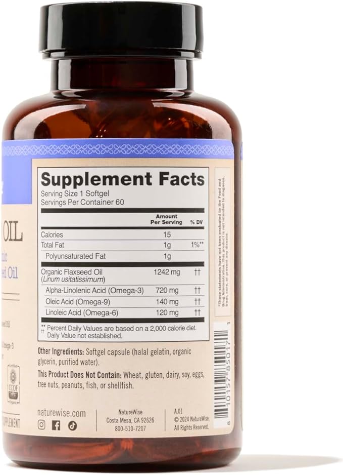 NatureWise Flaxseed Oil 1200mg Softgels 720mg ALA, 3 6 6 9, 9, Supplement 60 Softgels[1-Month Softgels[1-Month Supply]
