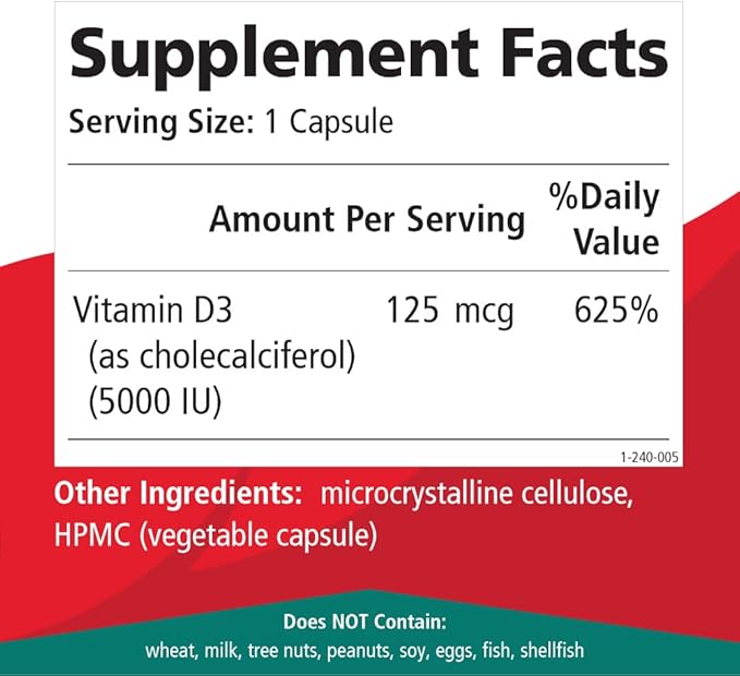Pure Essence Labs Vitamin D - 5000 IU of Vitamin D from 100% Pure Cholecalciferol - 30 Vegetarian Capsules