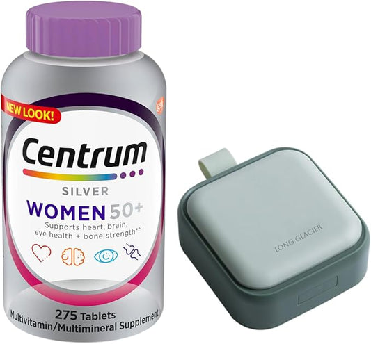 Centrum Silver Women 50+ Multivitamin, 275 Count Bundle with Long Glacier Pill Oragnizer, Small Cute Pill Container for Medicine, Vitamins, Fish Oils, Supplement, Green
