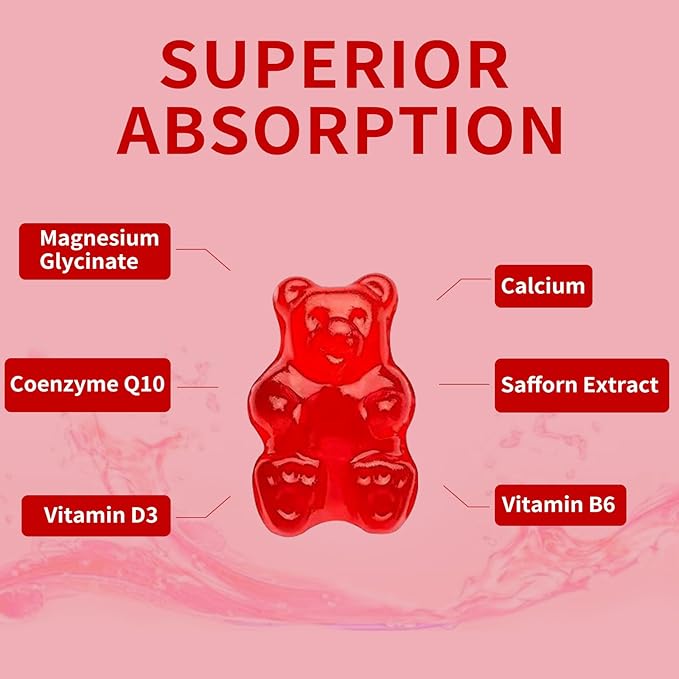 Magnesium Glycinate Gummies 500mg, Chewable Magnesium D3, B6, B6, CoQ10 CoQ10 for 60 Raspberry Gummies（2 Pack)