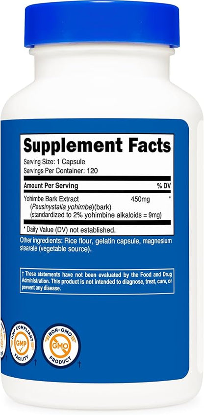 Nutricost Yohimbe Bark Extract 450mg (9mg Yohimbine Alkaloids), 120 Capsules - Extra Strength, Gluten Free, Non-GMO