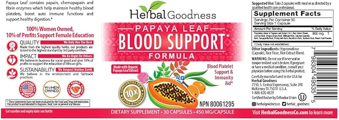 Papaya Leaf Blood Support Capsules 60/450mg Veggie (1 Bottle)