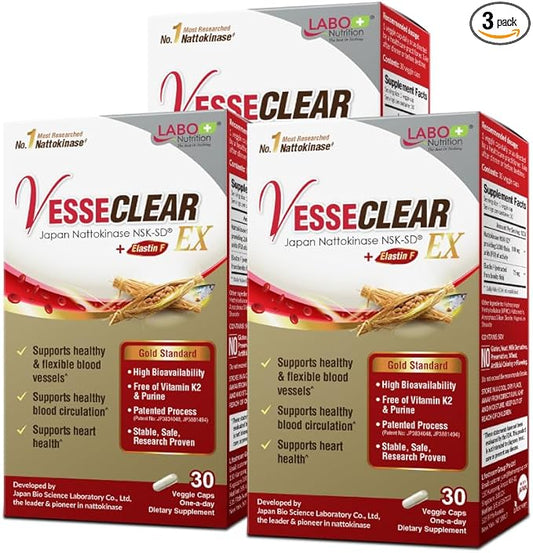 LABO Nutrition VesseCLEAR EX: Nattokinase NSK-SD+Elastin F for Clean & Flexible Blood Vessel. Japan's Most Clinically Studied, Functional Dose, Acid-Resistant/Delayed Release Capsules, 90 Count