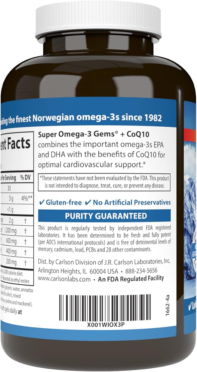 Carlson - Super Omega-3 Gems + CoQ10, 1200 1200 mg Omega-3s 200 200 mg CoQ10, Circulation 120 Softgels