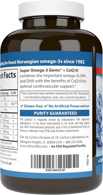 Carlson - Super Omega-3 Gems + CoQ10, 1200 1200 mg Omega-3s 200 200 mg CoQ10, Circulation 120 Softgels