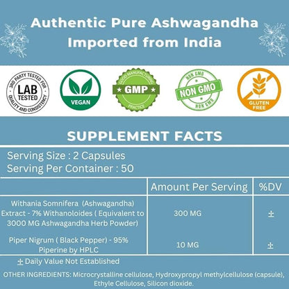 Ashwagandha Organic Extra Strength Supplement 300mg Extract 3000mg Herb), 100 Capsules