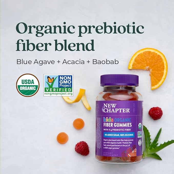 New Chapter Organic Fiber Gummies for Kids, 4g Delicious Plant-Based Prebiotic Fiber for Digestive Health, Vegan, Non-GMO, USDA Organic, Gluten Free, Citrus-Berry Flavored, 60 ct