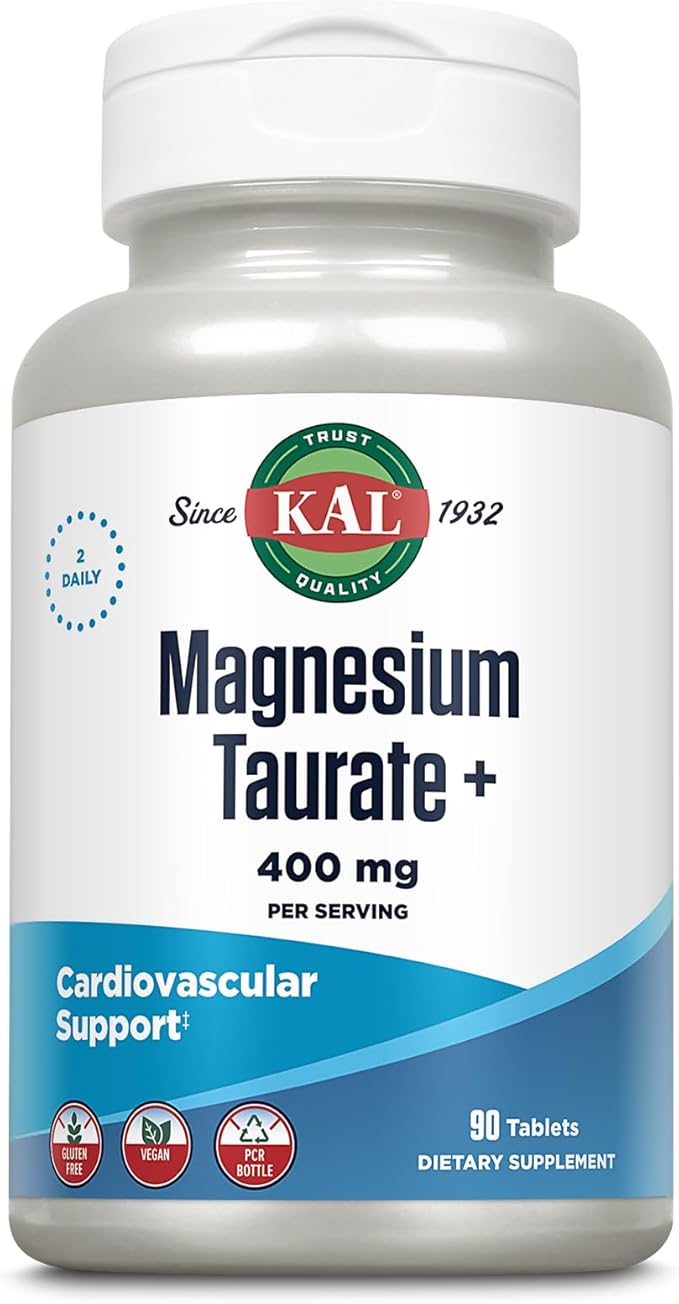 KAL Magnesium Taurate 400mg Plus CoEnzyme B6, Chelated 60-Day Guarantee, 45 Serv, 90 Tablets