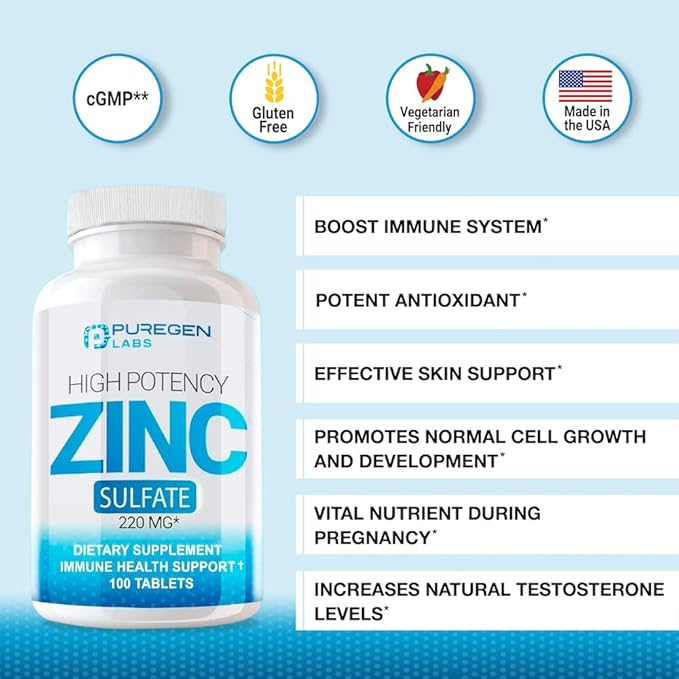 Zinc 220mg [High Potency] Supplement – Zinc Sulfate for Immune Support System 100 Tablets