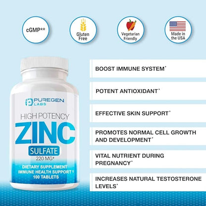 Zinc 220mg [High Potency] Supplement – Zinc Sulfate for Immune Support System 100 Tablets
