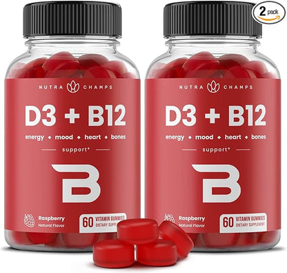 NutraChamps Vitamin D3 & B12, Methyl B12 Gummies for Adults & Kids, Enhanced with Vitamin D 3 & B9 Vitamin Folate, Natural Energy, Mood, Metabolism & Focus, Raspberry, 120 Gummies (Pack of 2)
