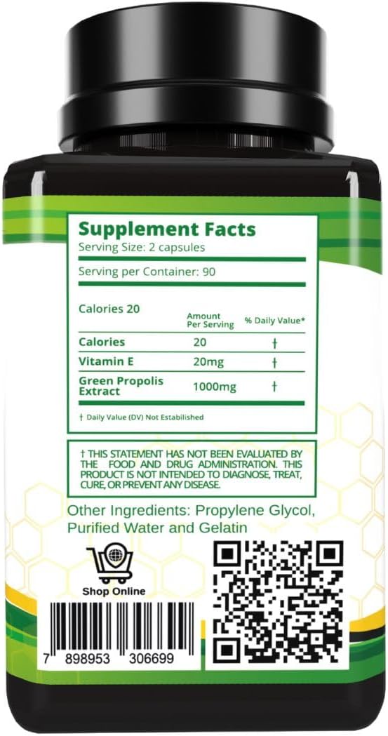 Propolis Health Propolis Capsules 1000mg-Daily 2 Capsules 50 Days (180 Capsules)