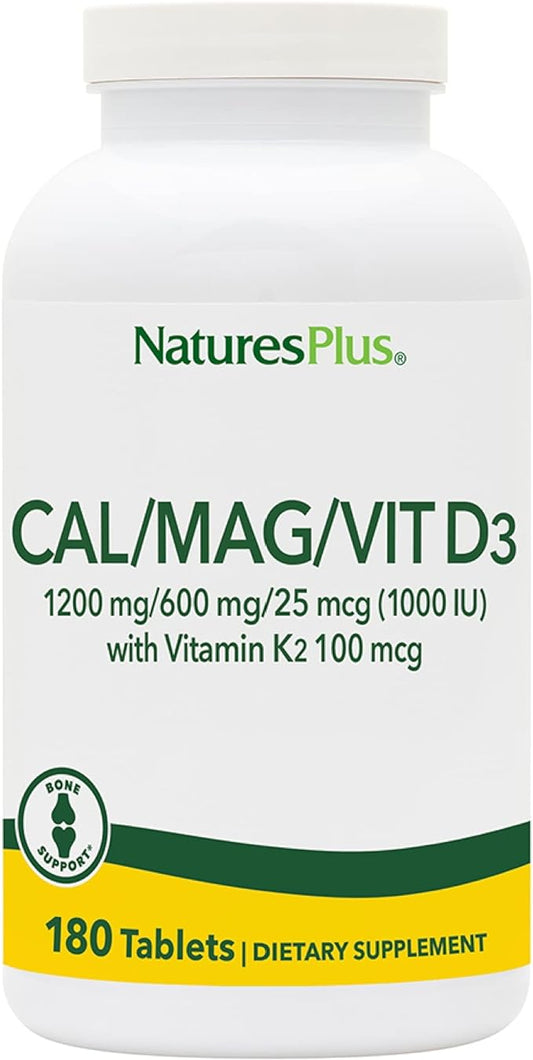 NaturesPlus Cal/Mag/VIT D3 with Vitamin K2- 180 Tablets D3 and K2 - 45 Servings