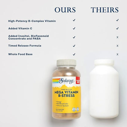 SOLARAY Mega Vitamin B-Stress - Timed Release Vitamin B Complex w/Vitamin B12, B6, Folic Acid, VIT. C - Stress, Energy, Red Blood Cell, Immune Support - Vegan, 60-Day Guarantee (240 CT)
