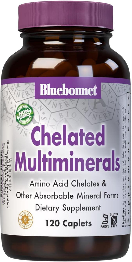 Bluebonnet Nutrition High Potency Chelated Multiminerals, Albion Chelated Minerals, Soy-Free, Gluten-Free, Non-GMO, Kosher Certified, Dairy-Free, 120 Caplets, 40 Servings