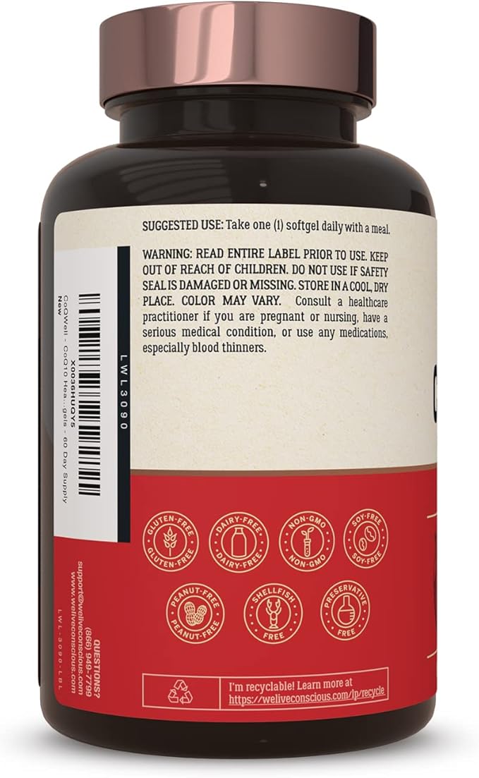 Live Conscious CoQWell CoQ10 Heart, Q10 CoQsol 60 Softgels 60 Day