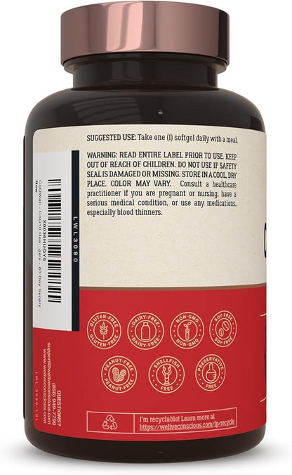 Live Conscious CoQWell CoQ10 Heart, Q10 CoQsol 60 Softgels 60 Day