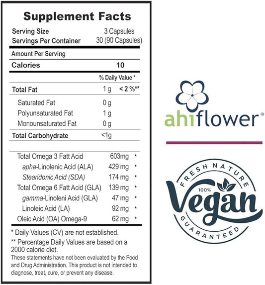 Ahiflower Oil Vegan Omega 3, 6 & 9. 90 Capsules. Vidalia by The Mix Superfoods. 45 Servings. Excelent Sustainable Source. Vegan 100%. NO Fish