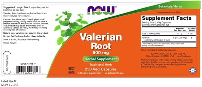 NOW Supplements, Valerian Root (Valeriana officinalis) 500 mg, 250 Veg