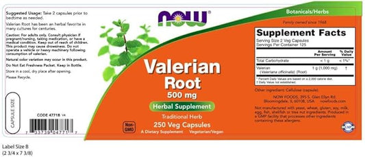 NOW Supplements, Valerian Root (Valeriana officinalis) 500 mg, 250 Veg