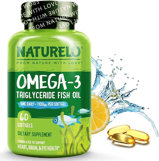 NATURELO Burpless Omega 3 Fish Oil Supplement 1100mg Triglyceride Omega-3, EPA 3 for 60 Softgels, 2 Months