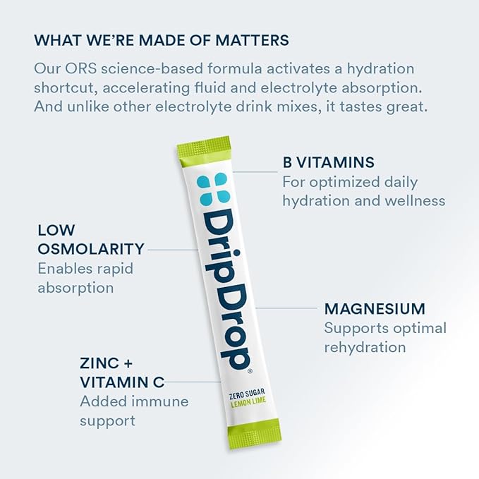 DripDrop Hydration - Zero Sugar Lemon Lime - Electrolyte Drink Mix Single Serve Powder Packets | Non-GMO, Gluten Free, Vegan | 32 Sticks