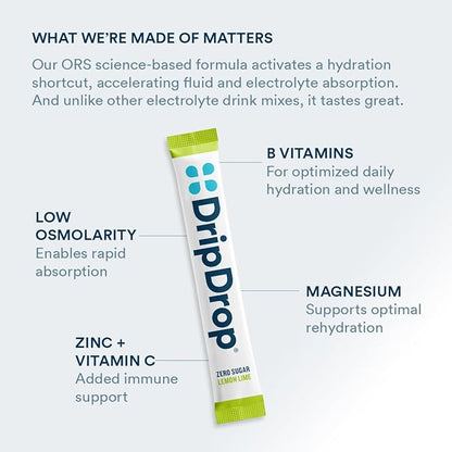 DripDrop Hydration - Zero Sugar Lemon Lime - Electrolyte Drink Mix Single Serve Powder Packets | Non-GMO, Gluten Free, Vegan | 32 Sticks