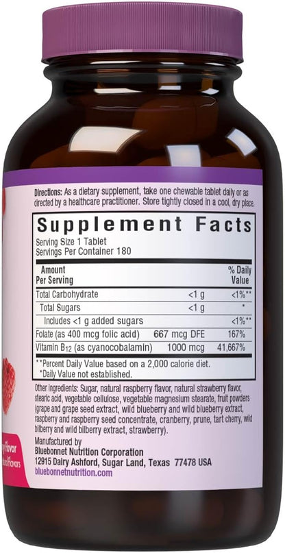 Bluebonnet Nutrition Earth Sweet Vitamin B12 & Folic Acid Chewable Tablets, Cream Raspberry 180 Count (Pack of 1)
