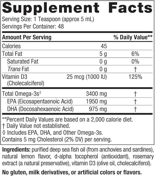 Nordic Naturals Ultimate Omega Xtra Liquid, 8 oz 3400 mg Omega-3 + 1000 IU D3 - Omega-3 Fish 48 Servings