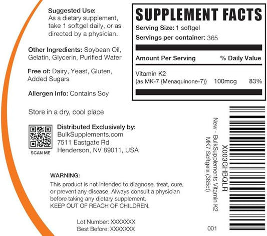 BulkSupplements.com Vitamin K2 Softgels - Vitamin K2 MK7, Vitamin K2 Supplement, MK7 Vitamin K2 for Bones - Gluten Free, Vitamin K2 100 mcg, 1 Softgel per Serving, 365 Count (Pack of 1)