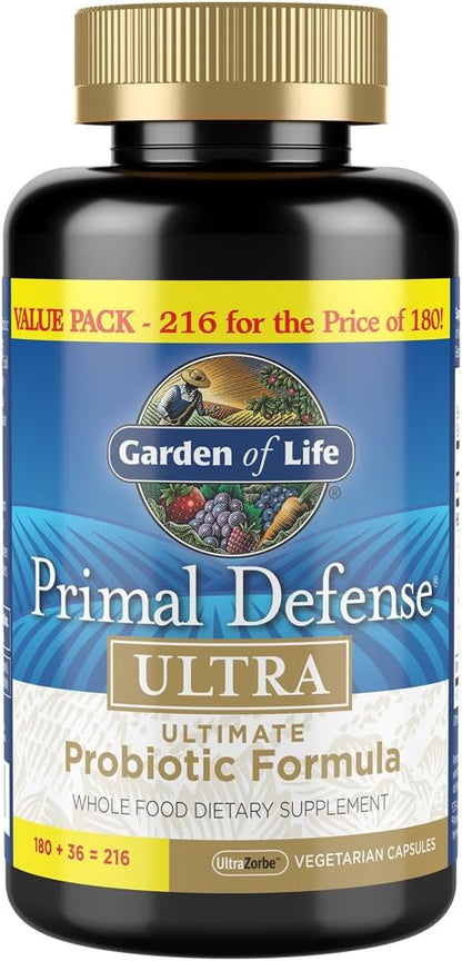 Garden of Life Whole Food Probiotic Supplement - Primal Defense ULTRA Ultimate For Digestive and Gut Health, 216 Vegetarian Capsules