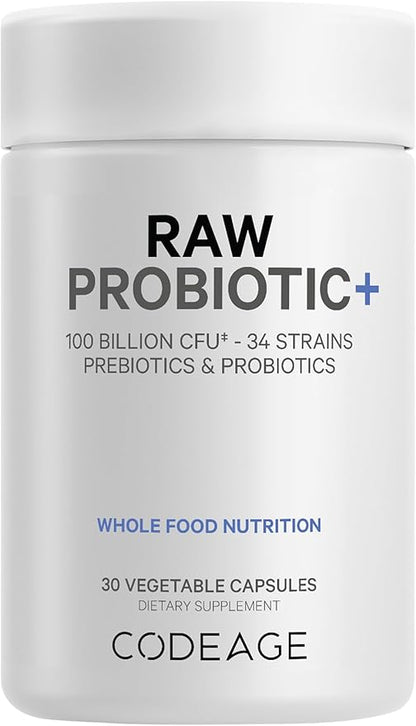 Codeage Raw Probiotic+ Supplement - 34 Probiotic Strains, 100 Billion CFUs, Raw Whole Food Probiotics, Digestive Enzymes, Raw Fruits & Veggies Prebiotics - Wild Kefir Culture - Non-GMO - 30 Capsules