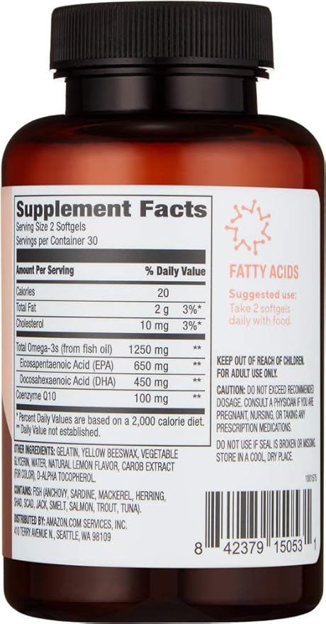 Amazon Brand - Revly Omega 3 CoQ10 with Omega-3 fatty 60 Softgels (1250 mg 3s and 100 mg CoQ10 per