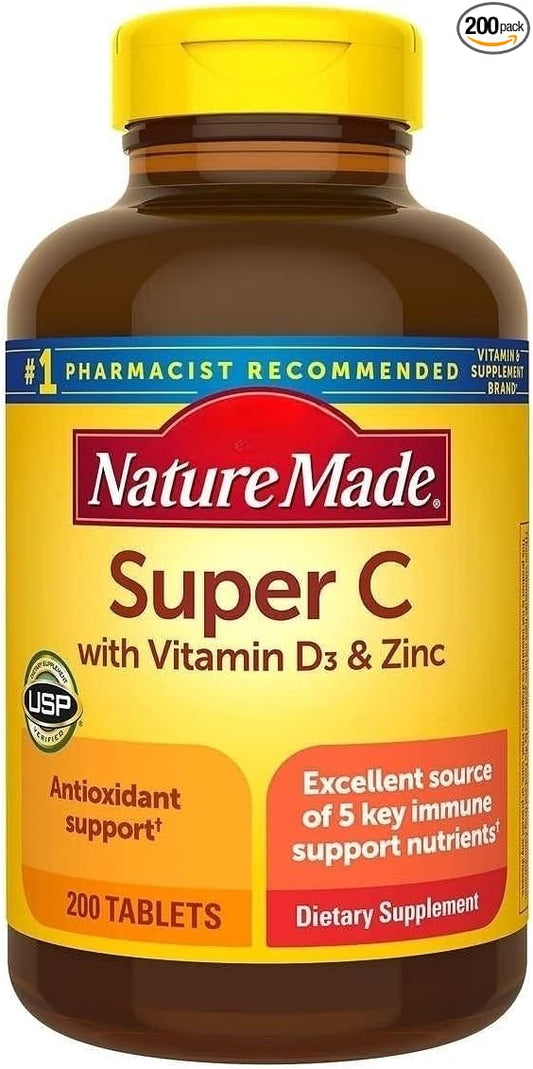 Nature Made Super C with Vitamin D3 and Zinc, 200 Tablets Bundle | Vitamin C (900 mg), Vitamin A (450 mcg), Vitamin D3 (25 mcg/1000 IU), Vitamin E (15 mg) and Zinc (11 mg) | 100 Day Supply