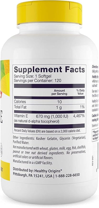 Healthy Origins Vitamin E, 1,000 IU 120 Softgels