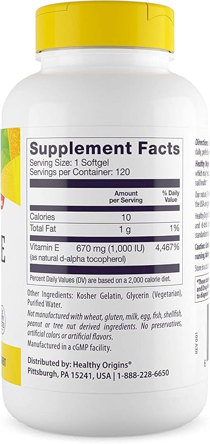 Healthy Origins Vitamin E, 1,000 IU 120 Softgels