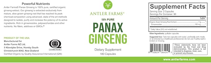 Antler Farms - 100% Pure Organic 180 Capsules, 500mg - 10% Min.