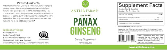 Antler Farms - 100% Pure Organic 180 Capsules, 500mg - 10% Min.
